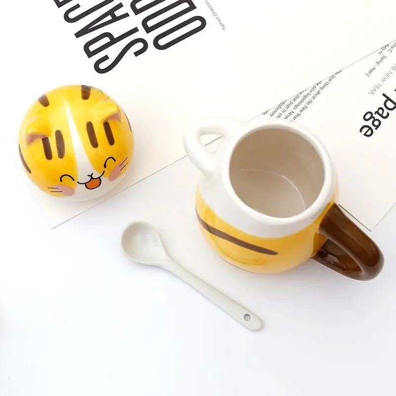 Katten Keramiek Mok met lepel en deksel - Leuk & Creatief
