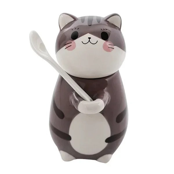 Katten Keramiek Mok met lepel en deksel - Leuk & Creatief
