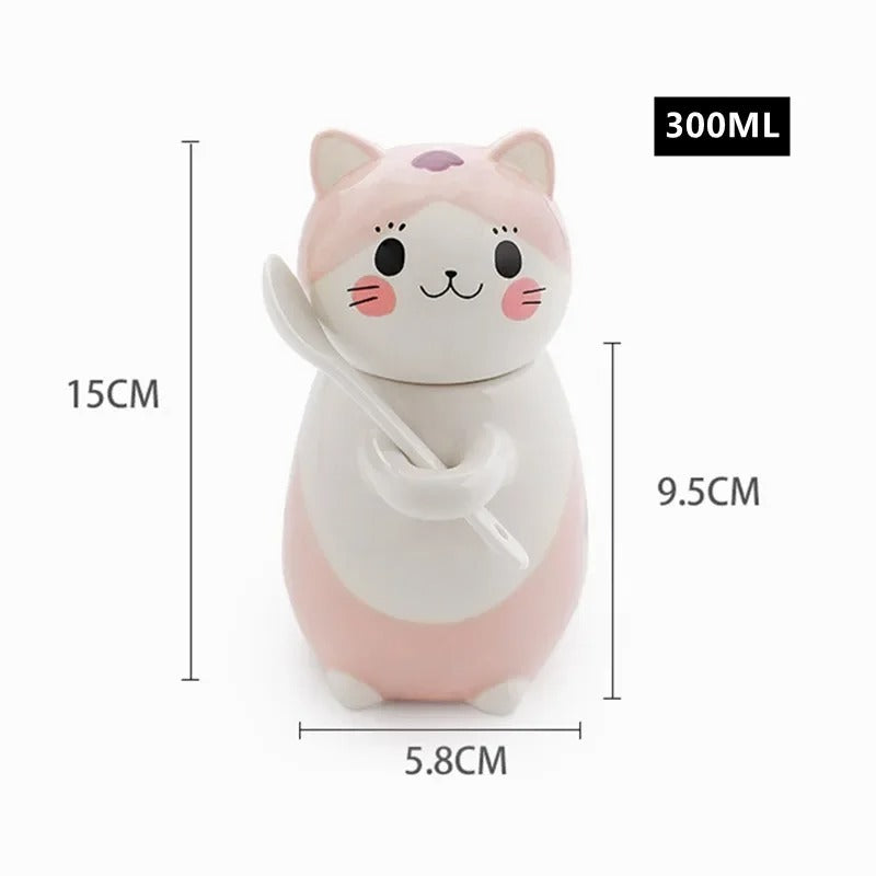 Katten Keramiek Mok met lepel en deksel - Leuk & Creatief