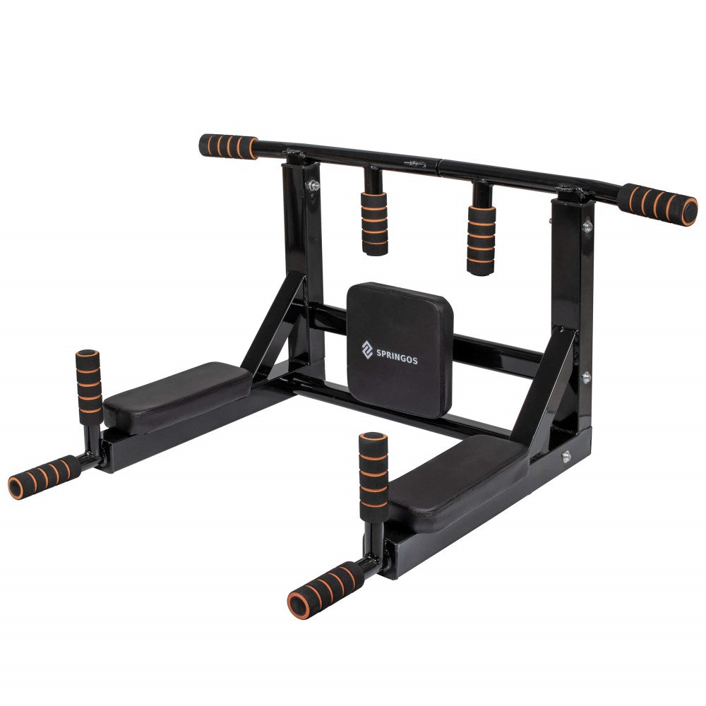 Pull Up Bar | Pull Up Station | Dip Station | Krachtstation | Multifunctioneel | Wandmontage | Inclusief Montageset | Zwart/Oranje