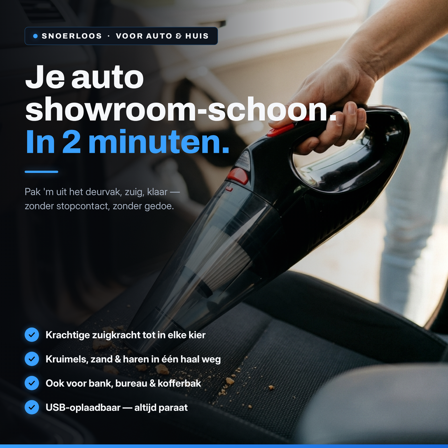 Je auto showroom-schoon in 2 minuten — snoerloze handstofzuiger
