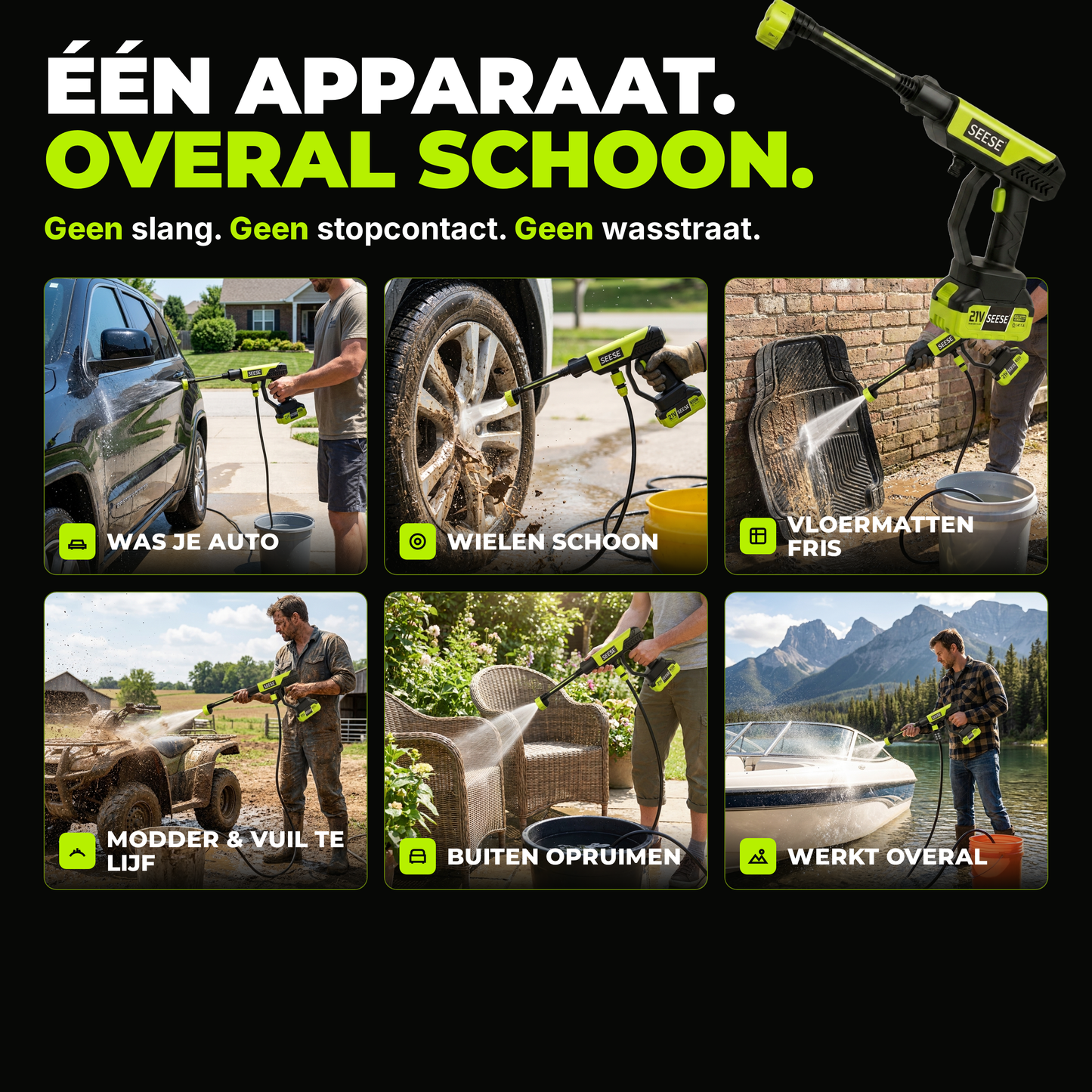 Seese Draadloze Hogedrukreiniger | incl. 2 Accu's & Foam Cannon