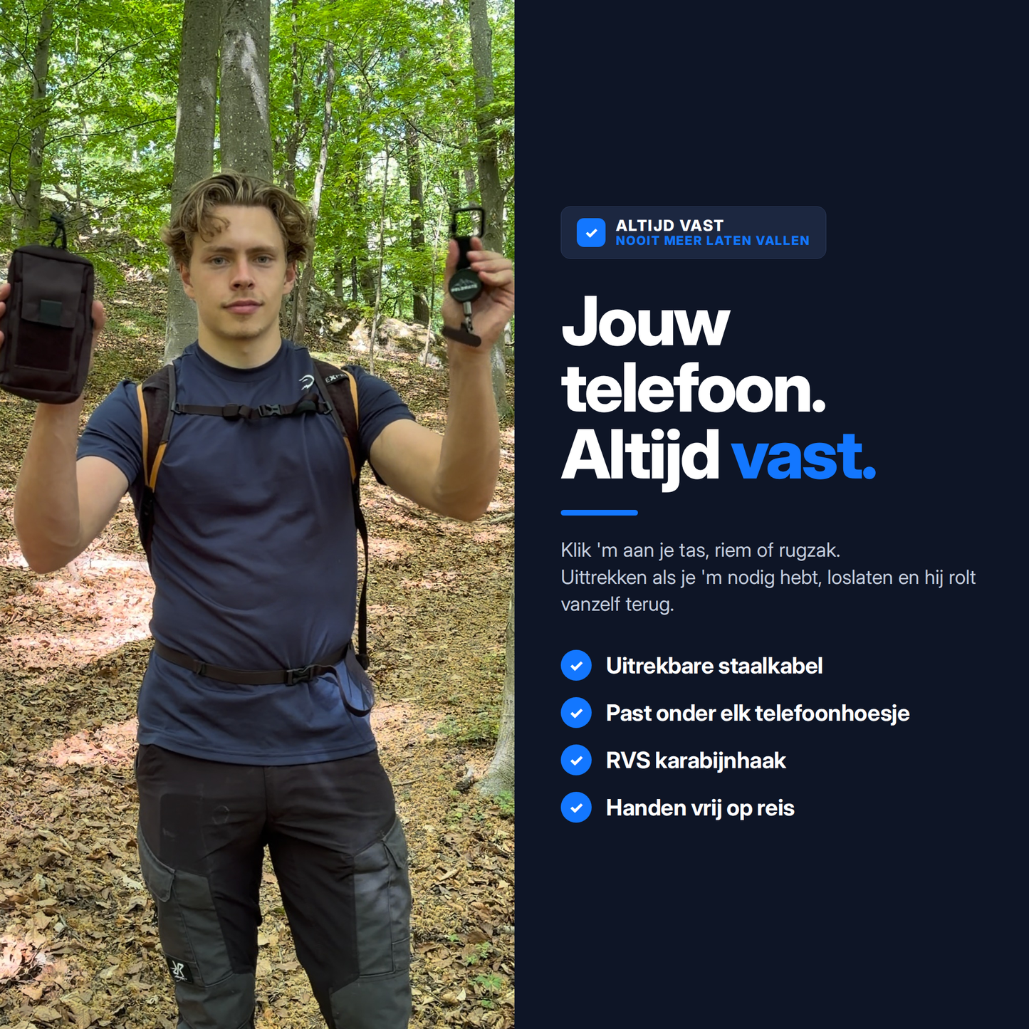 HoldMate telefoonkoord aan een rugzak tijdens het wandelen