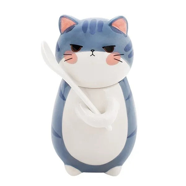 Katten Keramiek Mok met lepel en deksel - Leuk & Creatief
