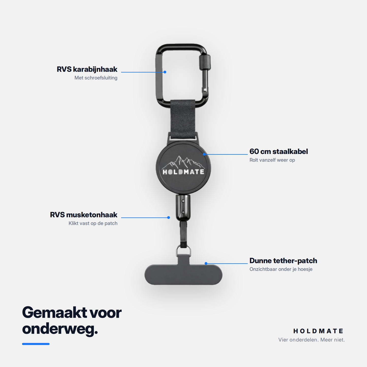 Onderdelen: RVS karabijnhaak, 60 cm staalkabel, musketonhaak en tether-patch
