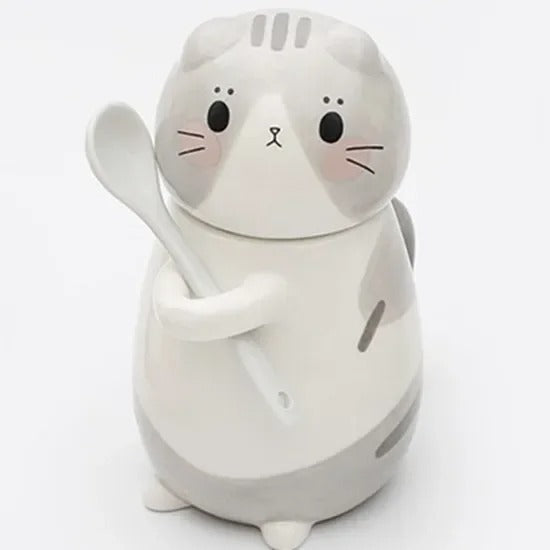 Katten Keramiek Mok met lepel en deksel - Leuk & Creatief