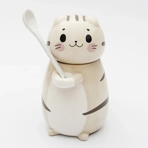 Katten Keramiek Mok met lepel en deksel - Leuk & Creatief