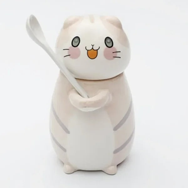 Katten Keramiek Mok met lepel en deksel - Leuk & Creatief