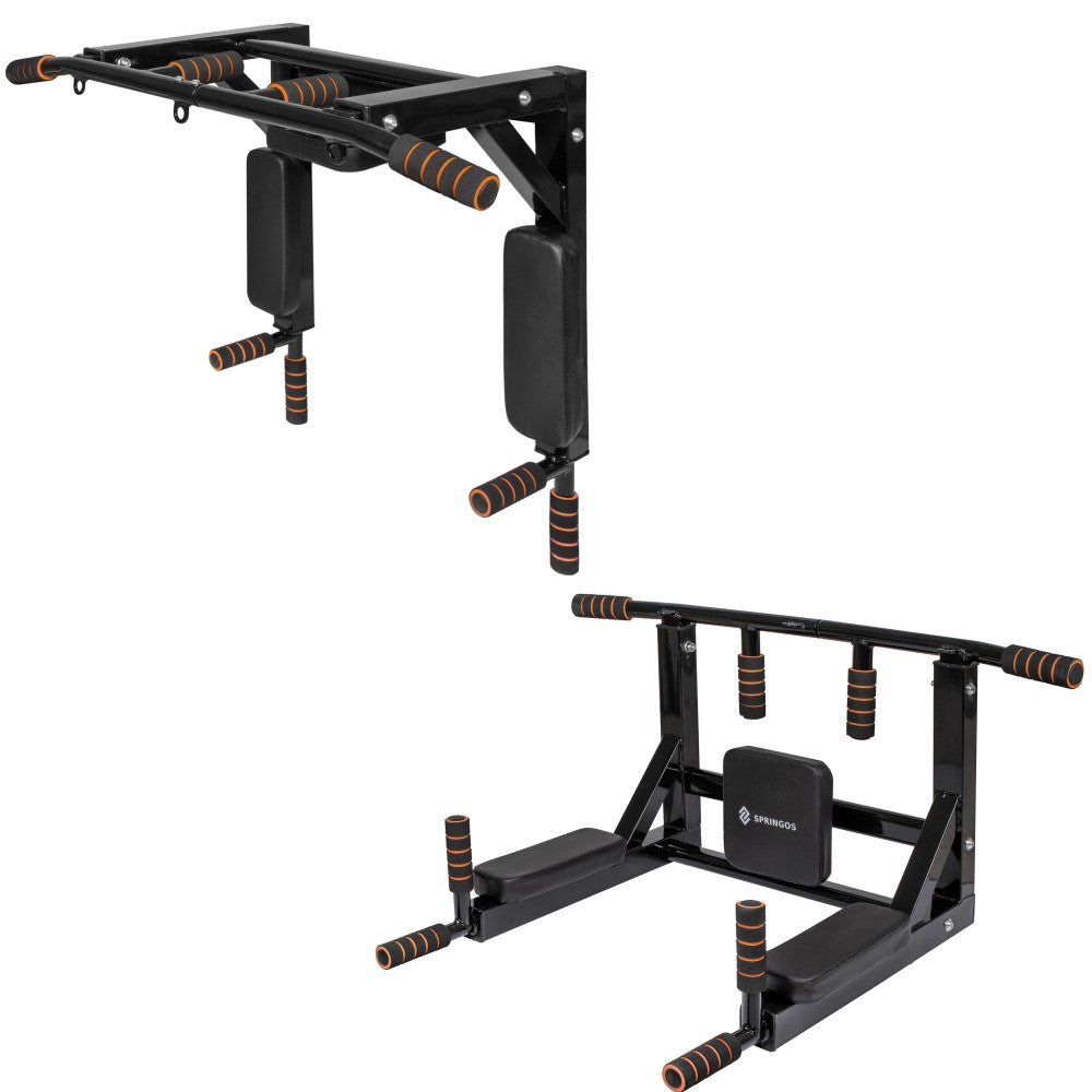 Pull Up Bar | Pull Up Station | Dip Station | Krachtstation | Multifunctioneel | Wandmontage | Inclusief Montageset | Zwart/Oranje