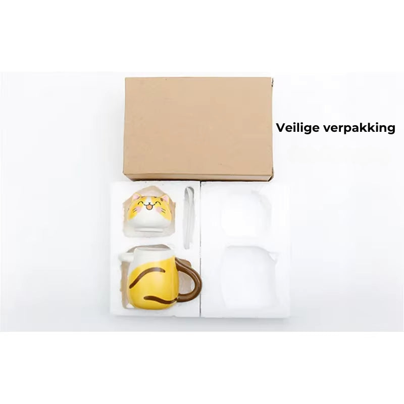 Katten Keramiek Mok met lepel en deksel - Leuk & Creatief