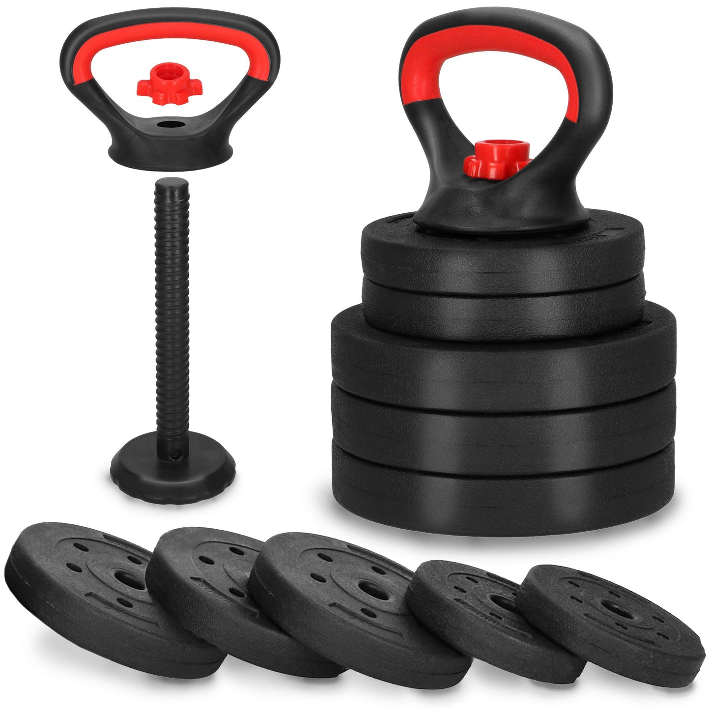 Kettlebells - Verstelbaar - 10 Kg - Set Van 5 Schijven - Zwart - Rood