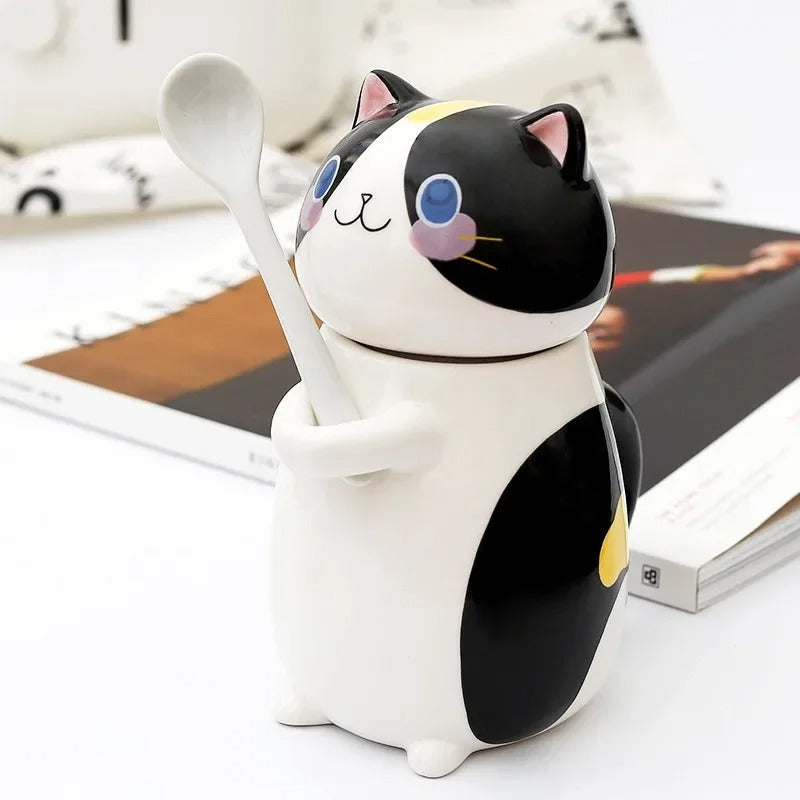 Katten Keramiek Mok met lepel en deksel - Leuk & Creatief