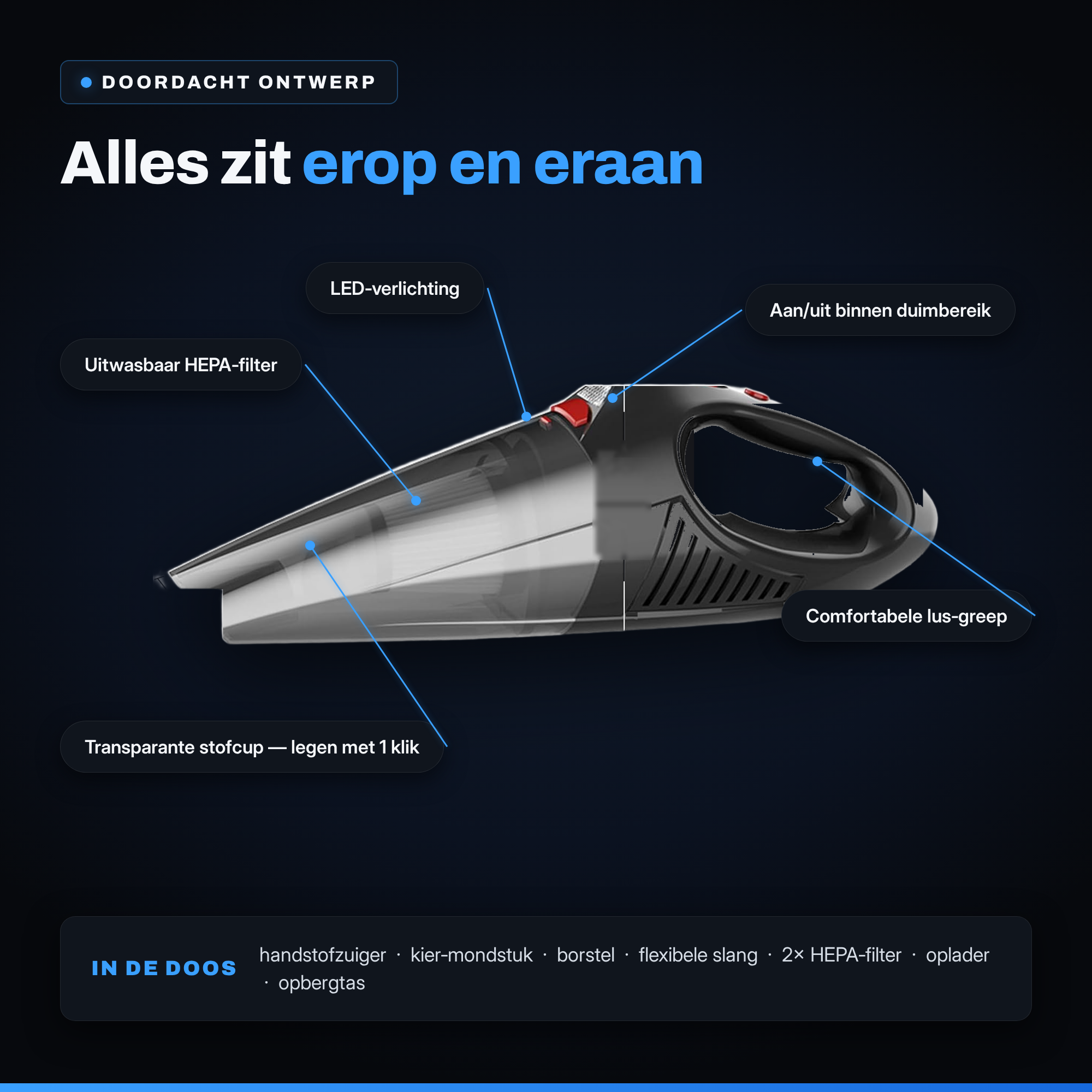 Alle features: stofcup, HEPA-filter, LED en lus-greep