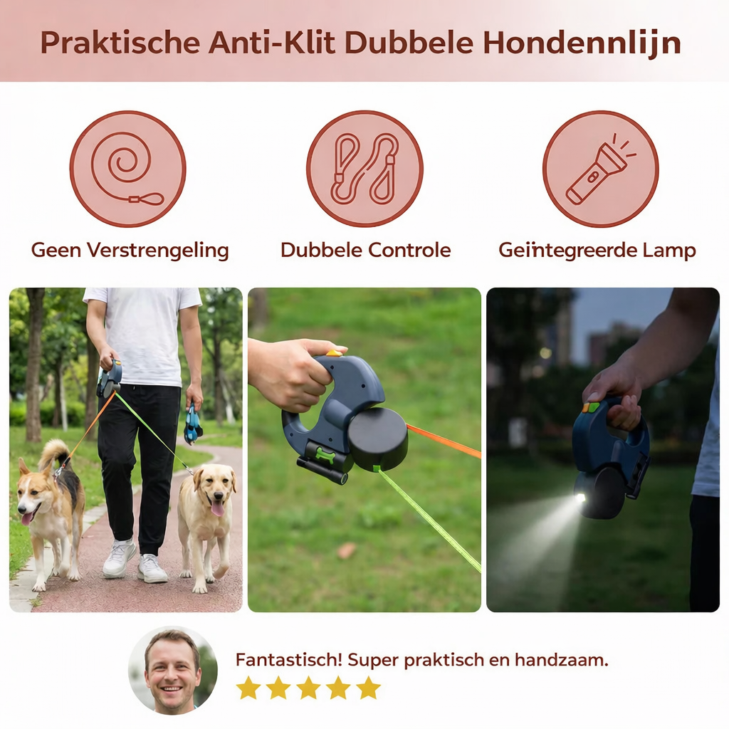 Anti-Klit Dubbele Hondenriem